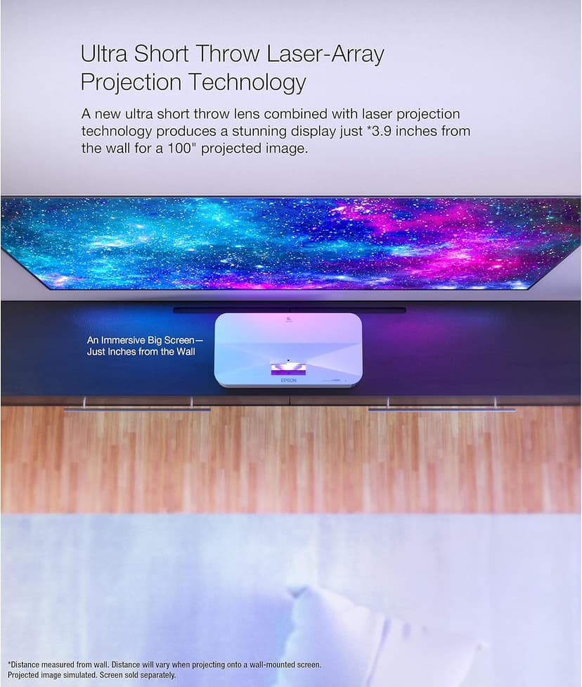 Epson EpiqVision Ultra LS800 Ultra Short Throw 3-Chip 3LCD Smart Streaming Laser Projector, 4,000 Lumens, 4K PRO-UHD, HDR, 150" Class, Android TV, 2.1ch Yamaha Built-in Speakers - White (Renewed)