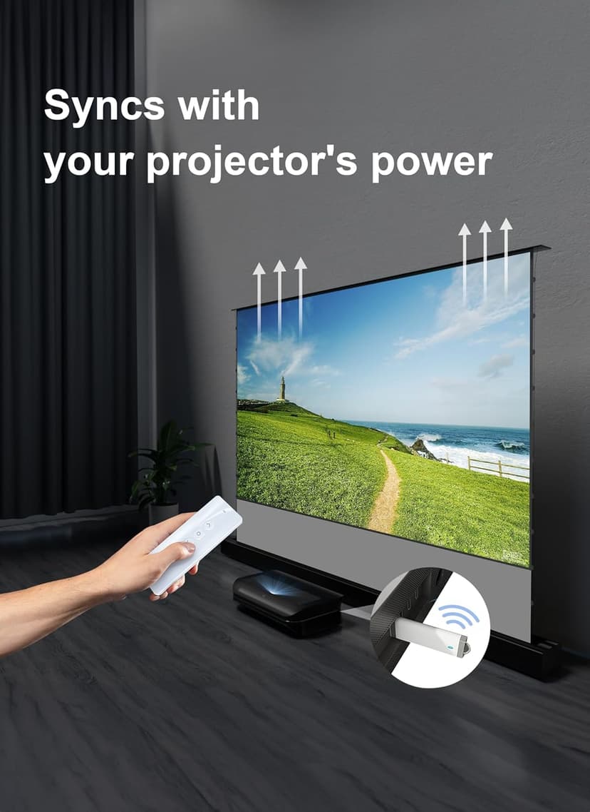 AWOL VISION 120" Motorized Rising Matte White Projector Screen for Long Short Ultra Short Throw Projector, Floor Stand Indoor Outdoor Theater Screen, 170°+ Viewable 4K/8K Ultra HD MW-F220