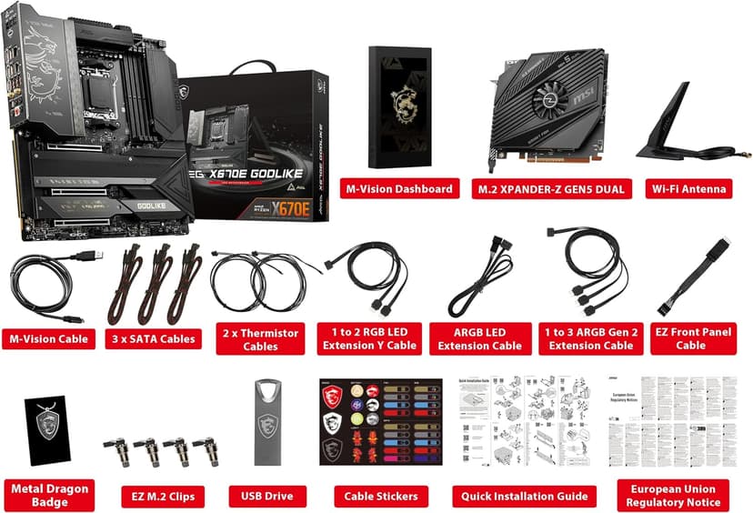 MSI MEG X670E GODLIKE Gaming Motherboard (AMD Ryzen 9000/8000/7000 Series Processors, AM5, DDR5, PCIe 5.0, SATA 6Gb/s, M.2, USB 3.2 Gen 2, Wi-Fi 6E, HDMI/DP, 10Gbps Dual LAN, SLI, EATX)