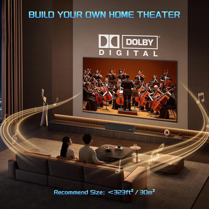 2.0 CH Dolby Digital Sound Bar - Bluetooth Home Theater Speaker with HDMI ARC, Optical, Aux for Smart TV, Gaming, PC & Projector, Compact Speaker Bar with 3D Surround Sound Home Theater Soundbar