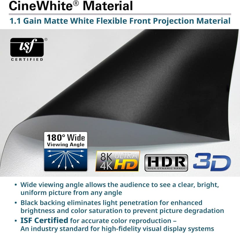 EliteProjector Screens Kestrel Tab-Tension 3 CineWhite, 122" Diag., 16:9 Aspect Ratio, ISF Certified 4K/8K Ultra HD Electric Floor-Rising Motorized Tab-Tensioned Front Projector Screen, FTE122H3