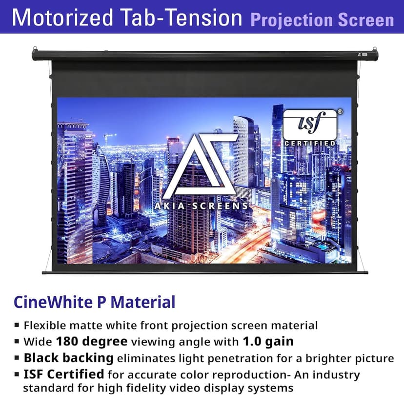 Akia Screens 105 inch Motorized Projector Screen Tensioned 16:9 Retractable Projector Screen Indoor Movie Screen Compatible with UST, Short, Standard Throw Projection for 4K Home Theater, AK-ELT105H