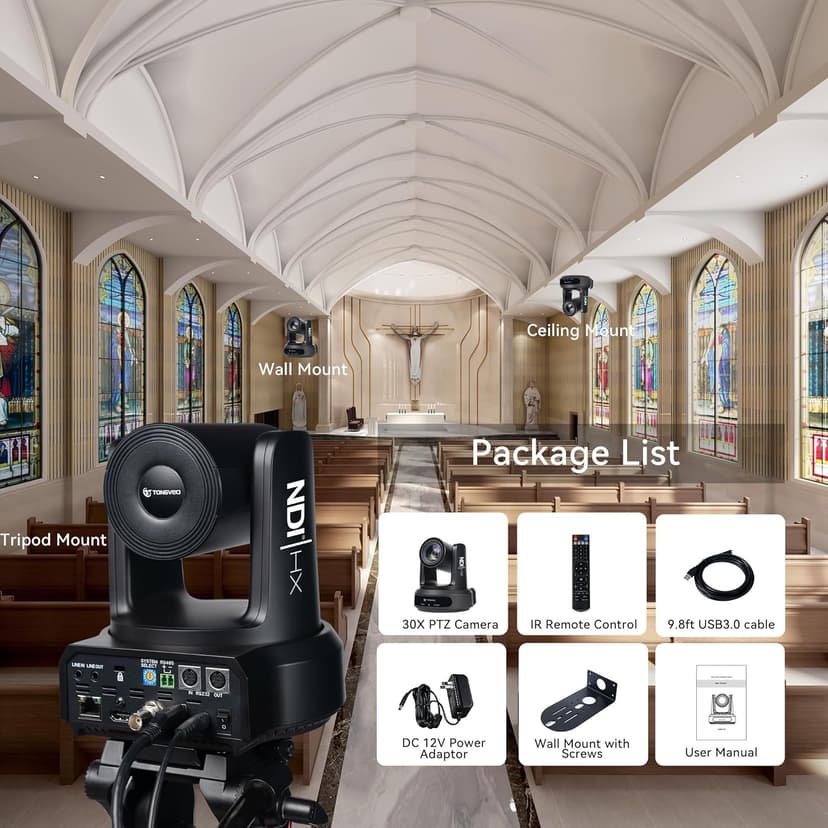 NDI AI Auto-Tracking IP PTZ Camera SDI/HDMI/USB3.0/LAN PoE 30X Optical + 16X Digital Zoom 1080P 60fps for Live Streaming Church Services Education Video Conference with OBS vMix and More