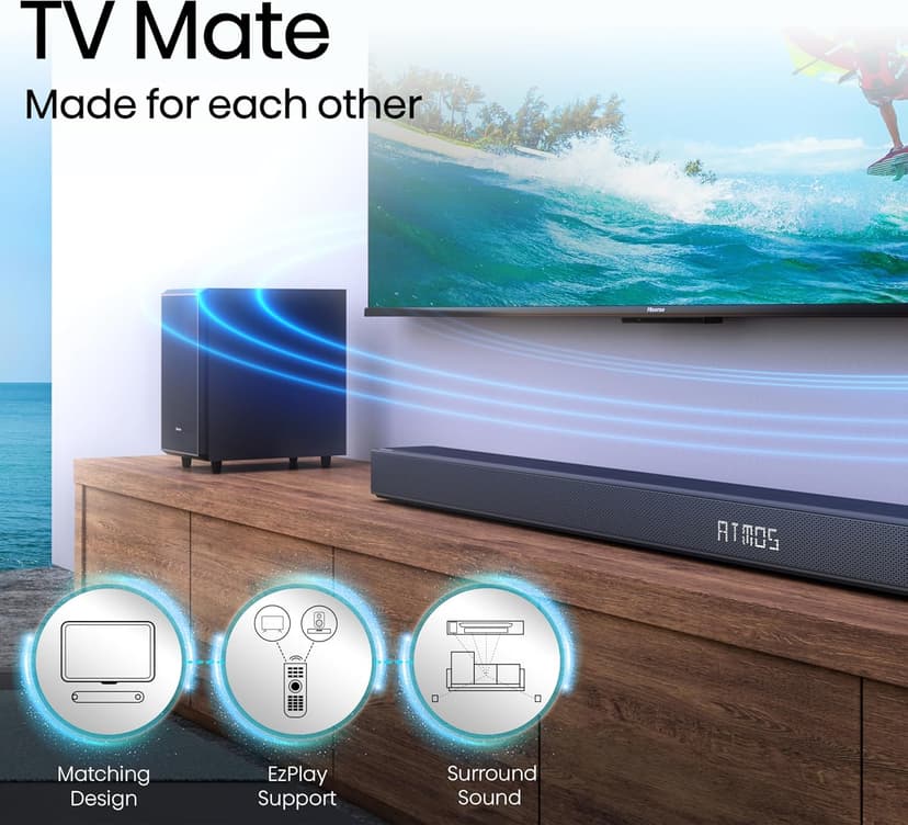 Hisense AX5125H 5.1.2Ch Sound Bar with Wireless Subwoofer, 500W, Dolby Atmos, Bluetooth 5.3, EzPlay, 4K HDMI Pass Through, Roku TV Ready, DTS:X, HDMI/AUX/ARC/Optical/USB, 7 EQ Modes
