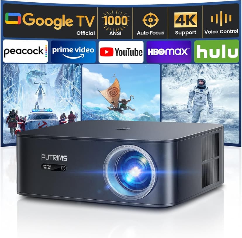 [1000 ANSI/Google TV/Voice Control]Smart Projector with WiFi 6 and Bluetooth, Netflix-Licensed 4K Support, Outdoor Movie Proyector, 1080P Home Ceiling Auto Focus Projector, PUTRIMS K12 Gray