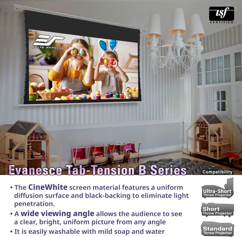 Elite Screens Evanesce Tab-Tension B, 120-inch 16:9, 4K / 8K HD, Recessed in-Ceiling Electric Tab Tensioned Projector Screen, Matte White Projection Screen Surface Programmed Remote Kit, ETB120HW3-E8