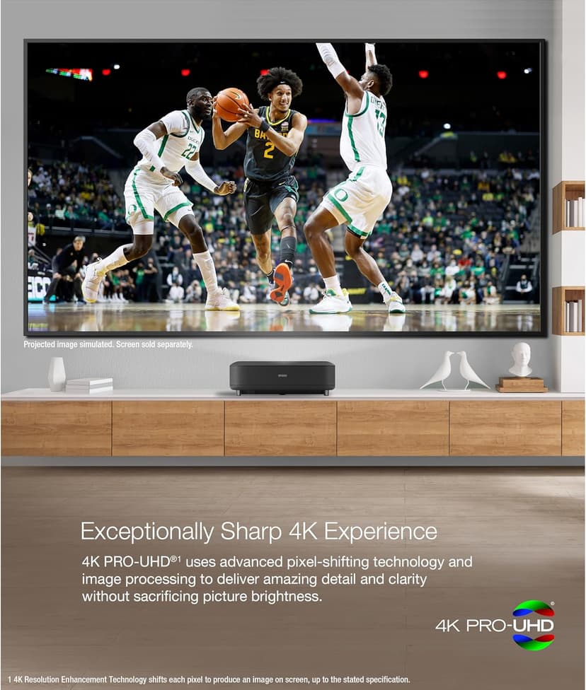 Epson EpiqVision Ultra LS650 Ultra Short Throw 3-Chip 3LCD Smart Streaming Laser Projector, 4K PRO-UHD, HDR, 3,600 Lumens, up to 120", Epson Setting Assistant, Android TV, Sound by Yamaha - Black