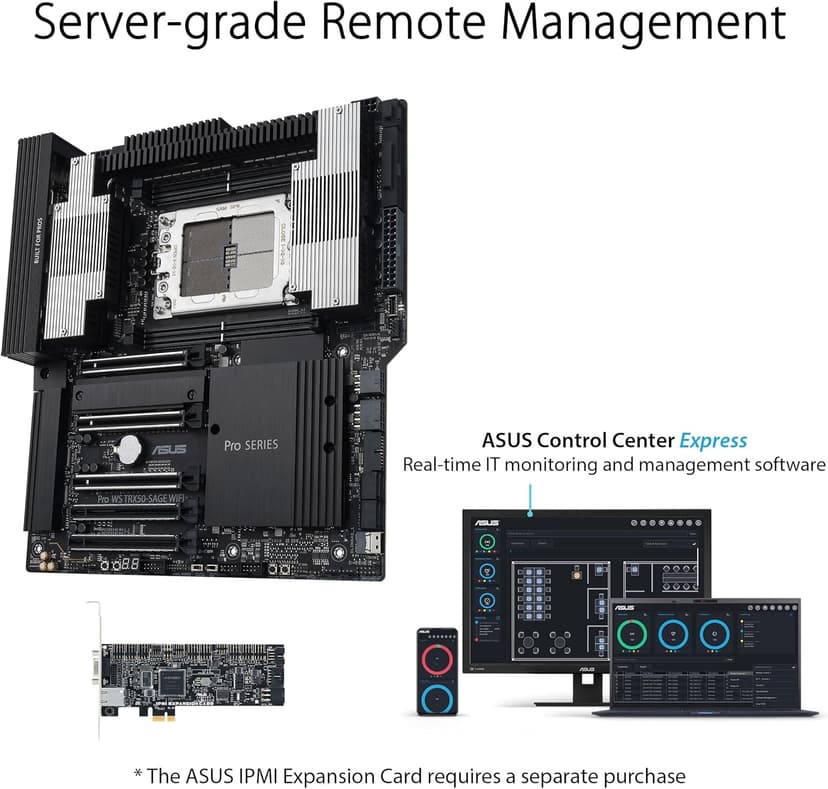 ASUS Pro WS TRX50-SAGE WIFI CEB Workstation motherboard, AMD Ryzen Threadripper PRO 7000 WX,ECC R-DIMM DDR5, 36 power-stage, WiFi 7,PCIe 5.0 x 16,PCIe 5.0 M.2, 10 Gb and 2.5 Gb LAN, multi-GPU support.