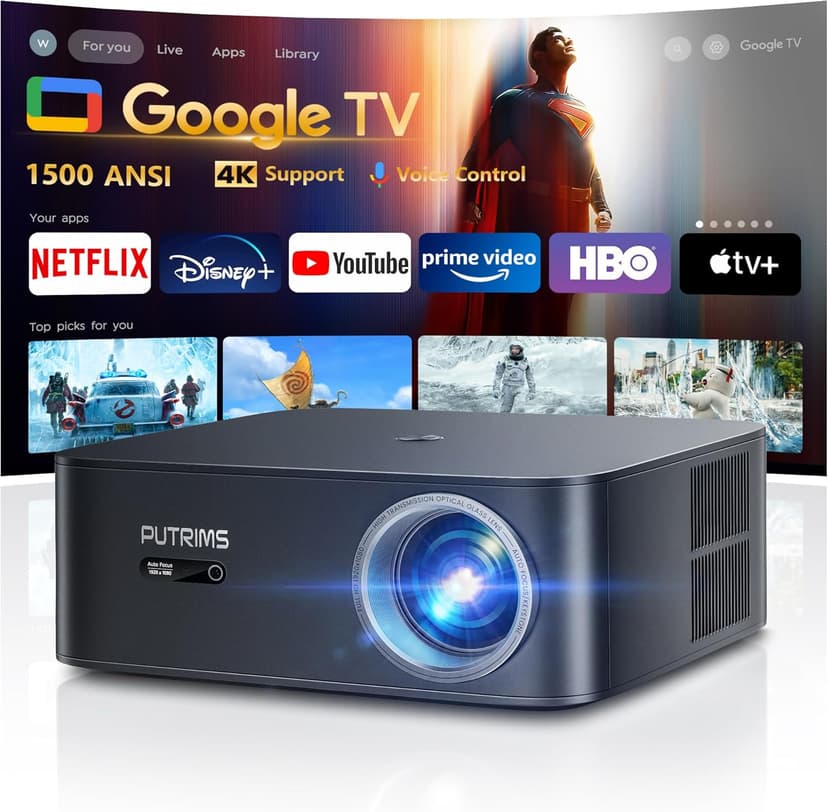 [1000 ANSI/Google TV/Voice Control]Smart Projector with WiFi 6 and Bluetooth, Netflix-Licensed 4K Support, Outdoor Movie Proyector, 1080P Home Ceiling Auto Focus Projector, PUTRIMS K12 Gray