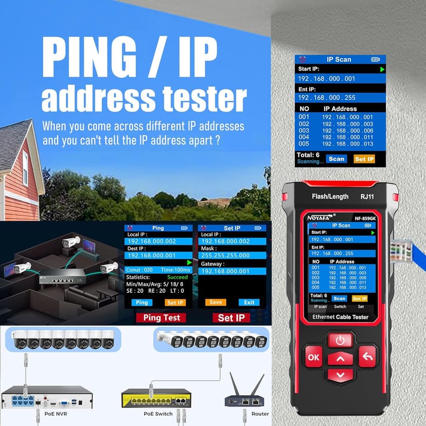 NOYAFA NF-859GK Network Cable Tester with IP Tester 10mw Visual Fault Locator,PING/POE/RJ45 RJ11 CAT5 CAT6 Cable Toner Ethernet Tester for Phone Lines CAT3, Ethernet,Wire Tracer LAN Network Tool