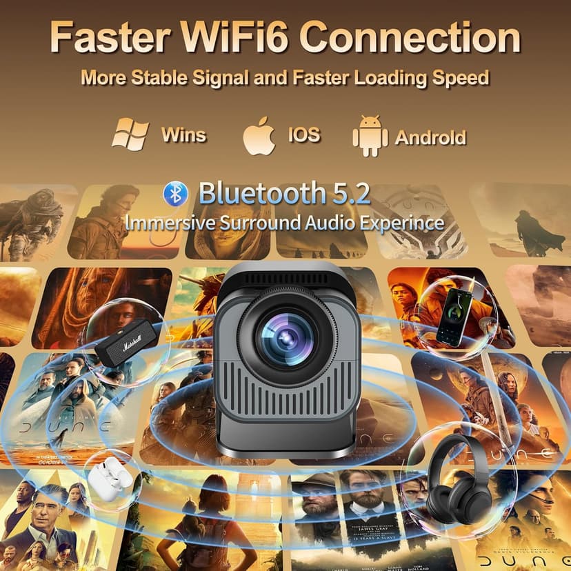[Built-in App] Mini Projector 1080P Full HD, 4K Projector with 180° Rotation, Portable Projector WiFi 6 & Bluetooth 5.2 Support,Featuring Auto Keystone Correction,HDMI/USB Connectivity Projector Black