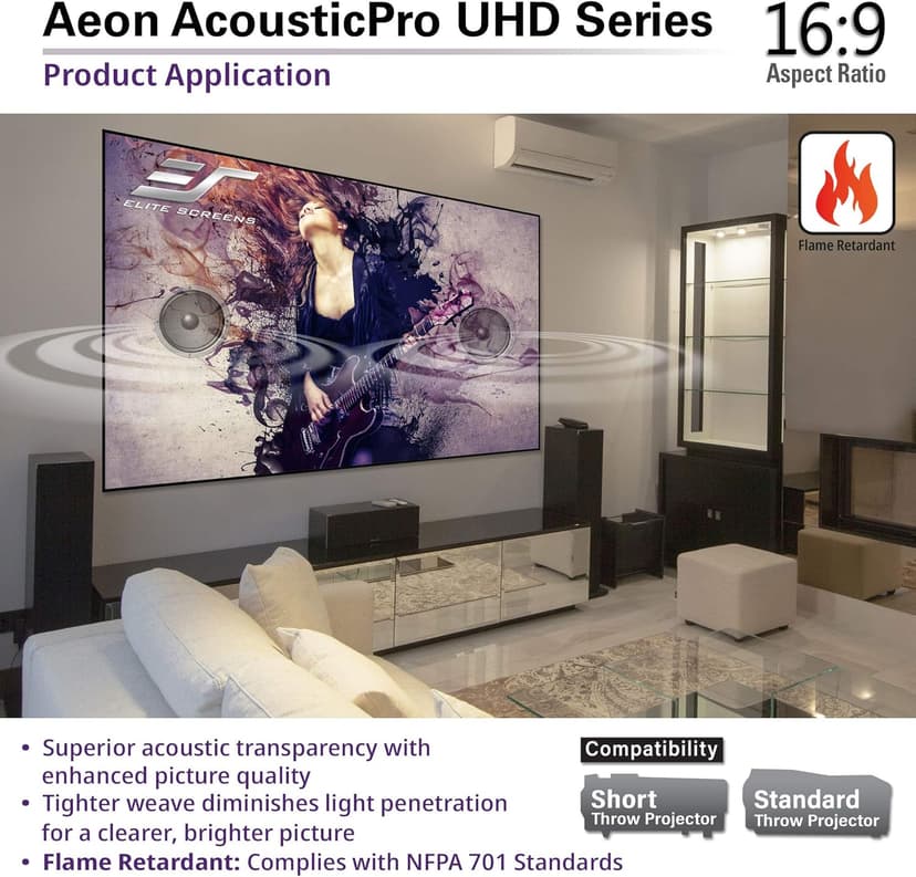 Elite Screens Aeon AUHD Series, 135-inch 16:9, 4K Home Theater Fixed Frame Edge Free Borderless Projection Sound Transparent Perforated Weave Projector Screen, AR135H2-AUHD