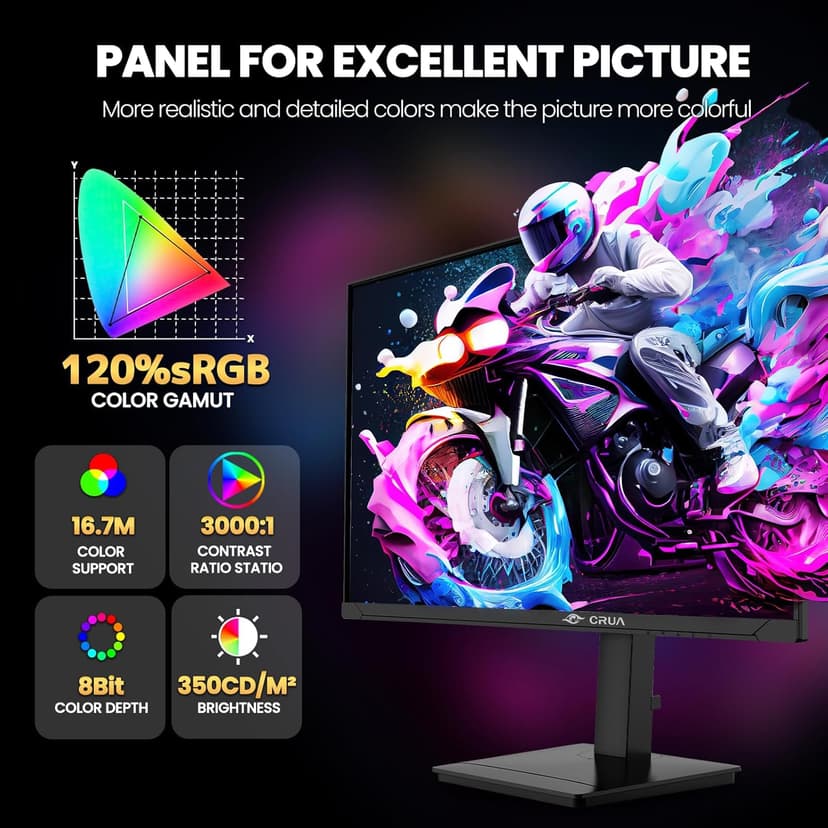 CRUA 27” Gaming Monitor, IPS UHD (3840x2160) Dual Mode (4K 144Hz or FHD 300Hz), 120% sRGB, Support Rotating/Vertical, AMD FreeSync, Built-in Speakers, HDMI 2.1 & DP 1.4, Wall Mount Install-Black