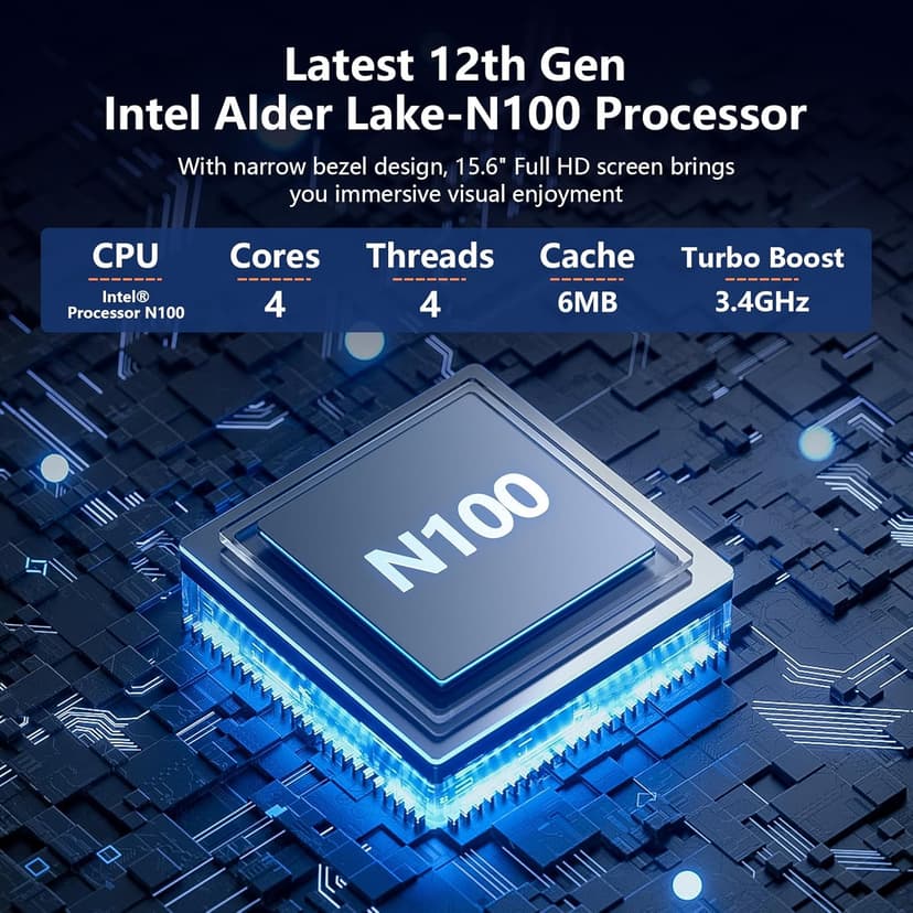 15.6 inch Laptop, 12th Alder Lake N100(Turbo 3.4GHz) Processor,12GB RAM, 512GB SSD, 2K FHD IPS Laptops, 2.4G/5G WiFi, Webcam,Full-Featured Type-C,Ultra-Thin Notebook