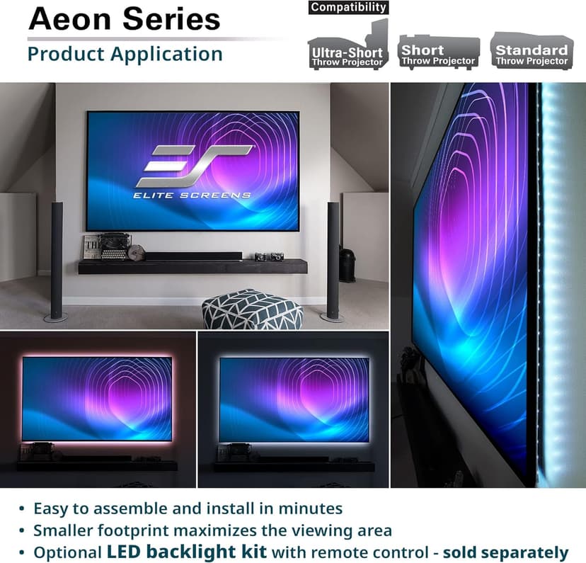 Elite Screens Aeon Series 150” Fixed Frame Projector Screen 16:9, 8K/4K UHD, Edge-Free Design, CineWhite UHD-B, Wall Mounted for Standard, Short & Ultra Short Throw Projectors, Home Theater, AR150WH2