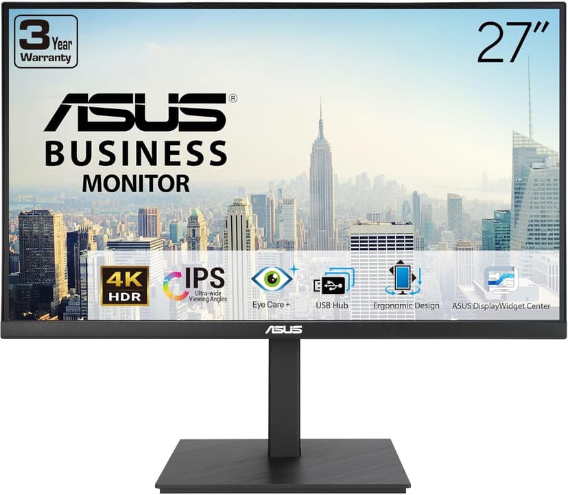 ASUS 27” 4K Business Monitor (VA27UQSB) - UHD (3840 x 2160), IPS, Frameless, HDR10, DisplayPort, Dual HDMI, Speakers, Eye Care, Ergonomic, pivot, swivel, height adjustable, DisplayWidget, 3yr warranty