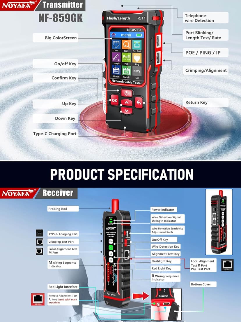 NOYAFA NF-859GK Network Cable Tester with IP Tester 10mw Visual Fault Locator,PING/POE/RJ45 RJ11 CAT5 CAT6 Cable Toner Ethernet Tester for Phone Lines CAT3, Ethernet,Wire Tracer LAN Network Tool