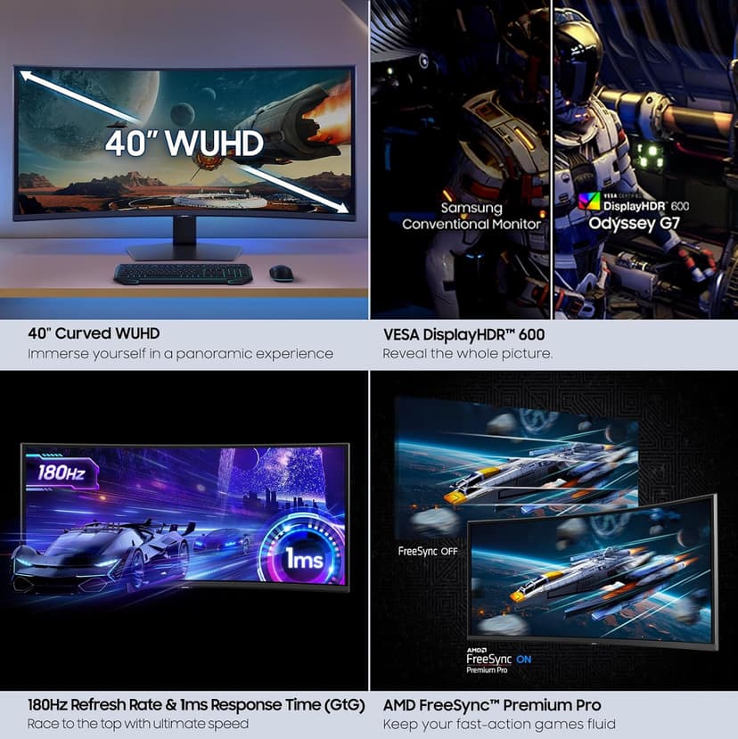 SAMSUNG 40” Odyssey G7 (G75F) WUHD Resolution, 180Hz, Curved Gaming Monitor, 1ms Response Time (GtG), VESA DisplayHDR™ 600, AMD FreeSync™ Premium Pro, LS40FG75DENXZA, 2025