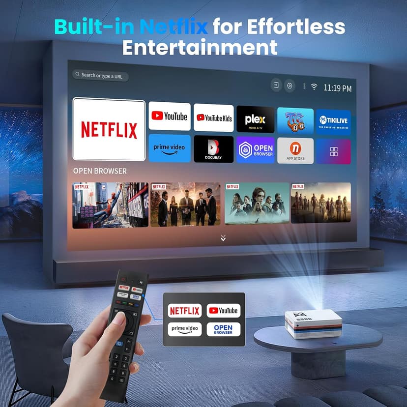 [Netflix Officially/Dolby Audio] FUDONI Smart Projector with WiFi and Bluetooth 4K, Auto Keystone& Electric Focus, 800ANSI Outdoor Projector with Apps, Built-in Netflix/YouTube/Prime Video