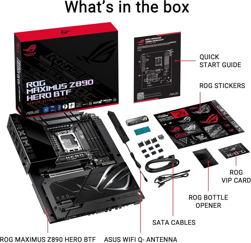 ASUS ROG MAXIMUS Z890 HERO BTF Z890 LGA 1851 ATX motherboard, hidden-connector design, Advanced AI PC Ready, 22+1+2+2 stages, DDR5, WiFi 7, 2.5G LAN, 6x M.2, PCIe 5.0, Thunderbolt 4, USB Type-C, AI OC