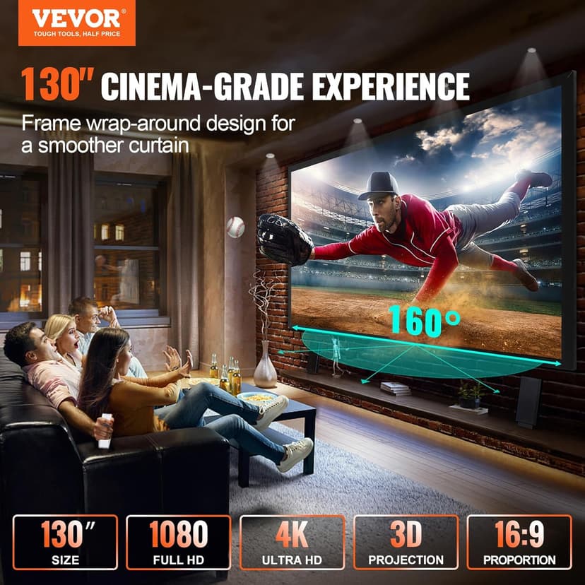 VEVOR Projector Screen Fixed Frame 130inch Diagonal 16:9 Movie Projector Screen 4K HD with Aluminum Frame Projector Screen Wall Mounted for Home Theater Office