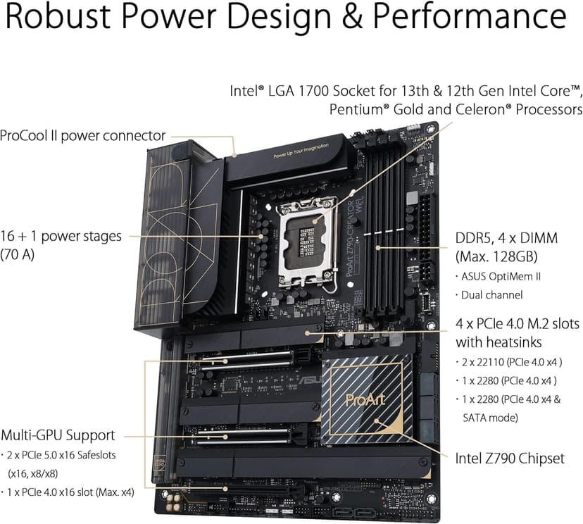 ASUS ProArt Z790-Creator WiFi 6E LGA 1700(Intel 14th,13th&12th Gen) ATX Content Creator Motherboard(PCIe 5.0,DDR5,2X Thunderbolt 4,10G&2.5G LAN,4xM.2/NVMe SSD,Front Panel USB 3.2 Gen2x2 Type-C).