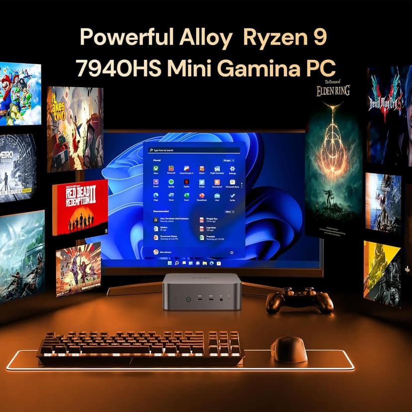 Reatan Alloy 9 Mini Gaming PC AMD Ryzen 9 7940HS(up to 5.2GHz) 32GB DDR5 1TB SSD 5600 MHz RAM, Desktop Mini Computers, Radeon 780M Graphics,Quad Display 2.5Gbps LAN,HDMI 2.1, 8K USB 4.0 Wi-Fi 6E/BT5.3