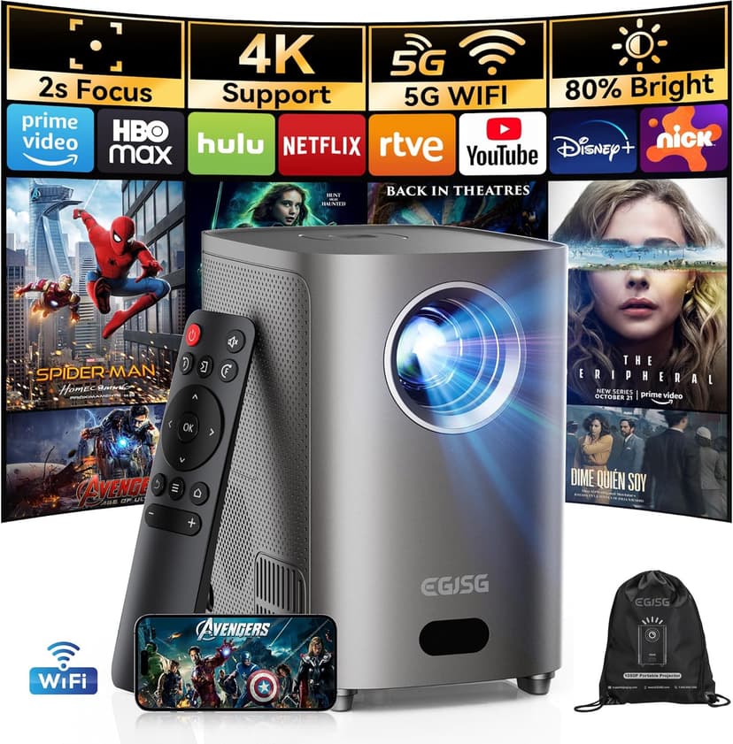 [One-Button Focus] Mini Projector with 5G WiFi and Bluetooth, 4K Outdoor Smart Projector with Carry Bag, Portable Movie Projector with Zoom, Home Theater Projector for Phone/TV Stick/PC