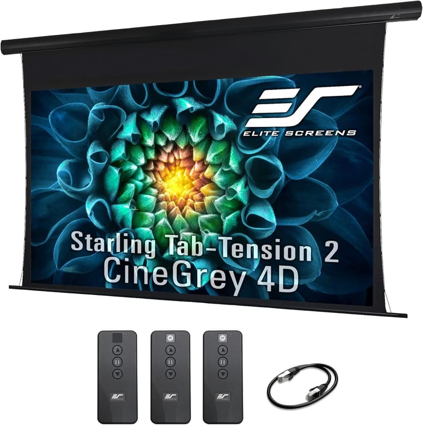 Elite Screens Starling Tab-Tension 2 CineGrey 4D, 106" 16:9, Ceiling, Ambient Light Rejecting (CLR/ALR) Tab-Tensioned Electric Drop Down Front Projector Screen Programmed Remote Kit, STT106UHD4-E12