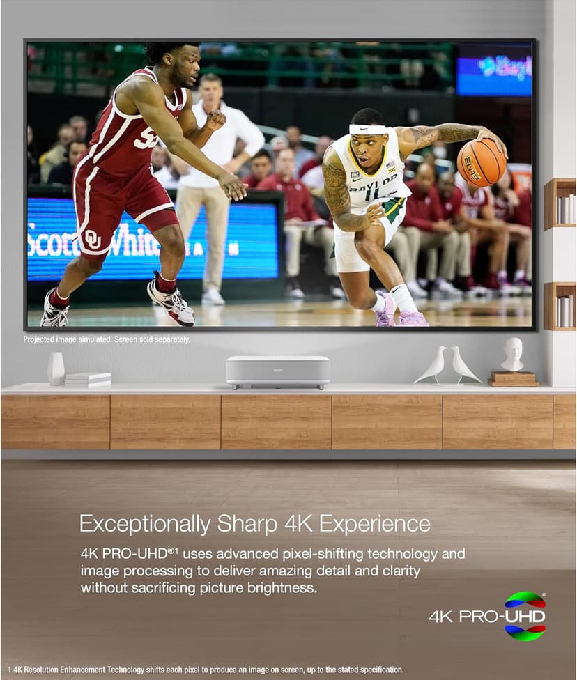 Epson EpiqVision Ultra LS650 Ultra Short Throw 3-Chip 3LCD Smart Streaming Laser Projector, 4K PRO-UHD, HDR, 3,600 Lumens, up to 120", Epson Setting Assistant, Android TV, Sound by Yamaha - White