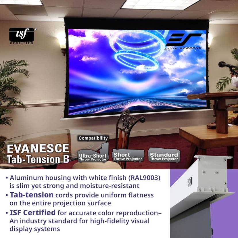Elite Screens Evanesce Tab-Tension B, 120-inch 16:9, 4K / 8K HD, Recessed in-Ceiling Electric Tab Tensioned Projector Screen, Matte White Projection Screen Surface Programmed Remote Kit, ETB120HW3-E8