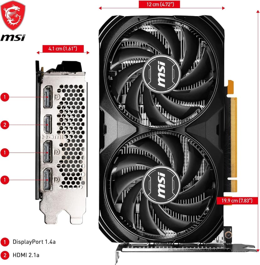 MSI GeForce RTX 4060 Ventus 2X Black 8G OC Gaming Graphics Card - 8GB GDDR6X, PCI Express Gen 4, 128-bit, 3X DP v 1.4a, HDMI 2.1a (Supports 4K & 8K HDR)