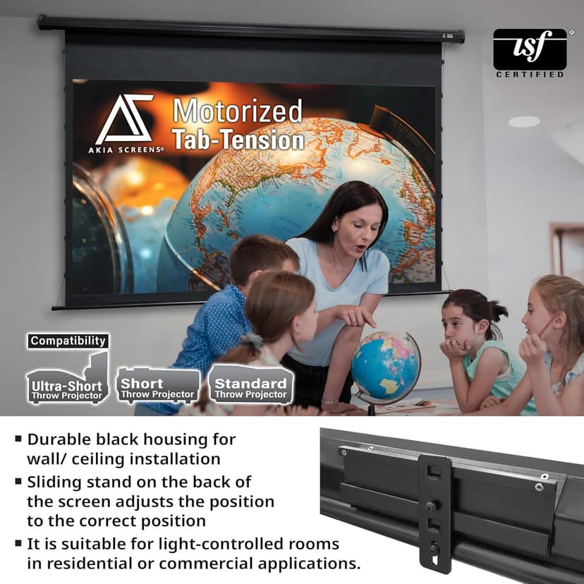 Akia Screens 105 inch Motorized Projector Screen Tensioned 16:9 Retractable Projector Screen Indoor Movie Screen Compatible with UST, Short, Standard Throw Projection for 4K Home Theater, AK-ELT105H