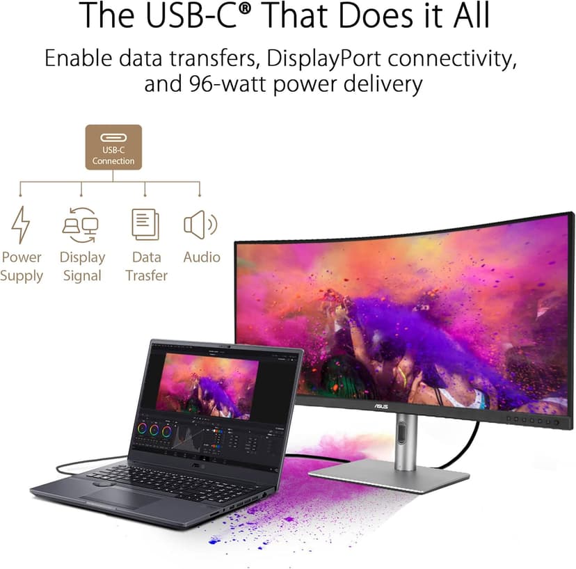 ASUS ProArt Display 34” Ultrawide Curved Professional HDR Monitor (PA34VCNV) - IPS, 21:9 3440 x 1440, 3800R Curve, 100% sRGB/Rec709, ΔE<2, Calman Verified, USB-C Docking PD 96W, RJ45, 3 Year Warranty