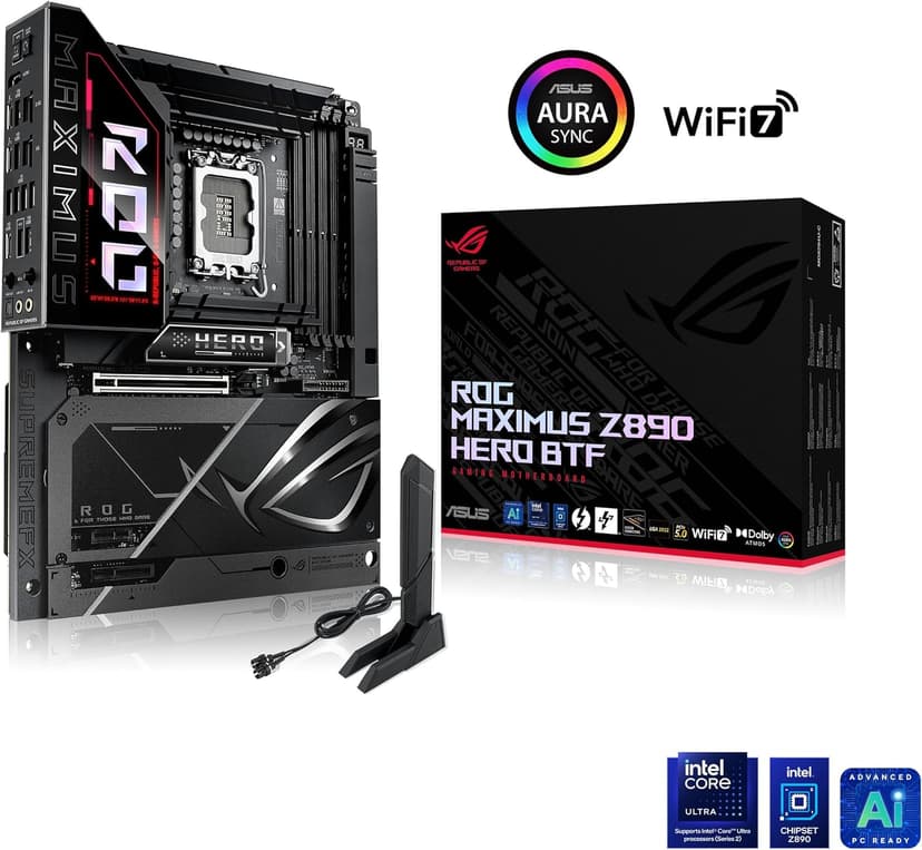 ASUS ROG MAXIMUS Z890 HERO BTF Z890 LGA 1851 ATX motherboard, hidden-connector design, Advanced AI PC Ready, 22+1+2+2 stages, DDR5, WiFi 7, 2.5G LAN, 6x M.2, PCIe 5.0, Thunderbolt 4, USB Type-C, AI OC