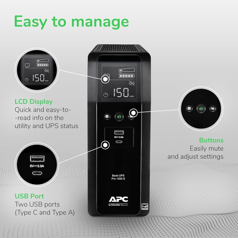 APC UPS 1500VA Sine Wave UPS Battery Backup, BR1500MS2 Backup Battery Power Supply, AVR, 10 Outlets, (2) USB Charger Ports