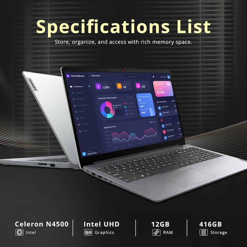 Lenovo Ideapad 1 15.6" HD Anti-Glare Laptop, Intel Celeron N4500, 12GB RAM, 416GB Storage(256GB SSD+160GB Docking Station Set), Intel UHD Graphics, Num Pad, Webcam, Win 11s, Grey