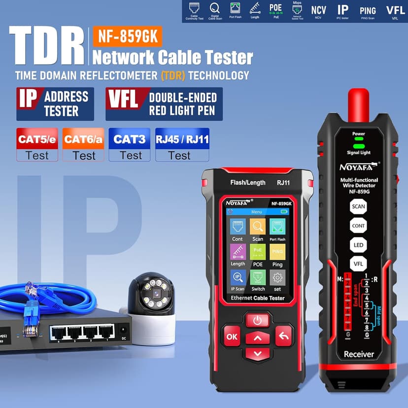 NOYAFA NF-859GK Network Cable Tester with IP Tester 10mw Visual Fault Locator,PING/POE/RJ45 RJ11 CAT5 CAT6 Cable Toner Ethernet Tester for Phone Lines CAT3, Ethernet,Wire Tracer LAN Network Tool