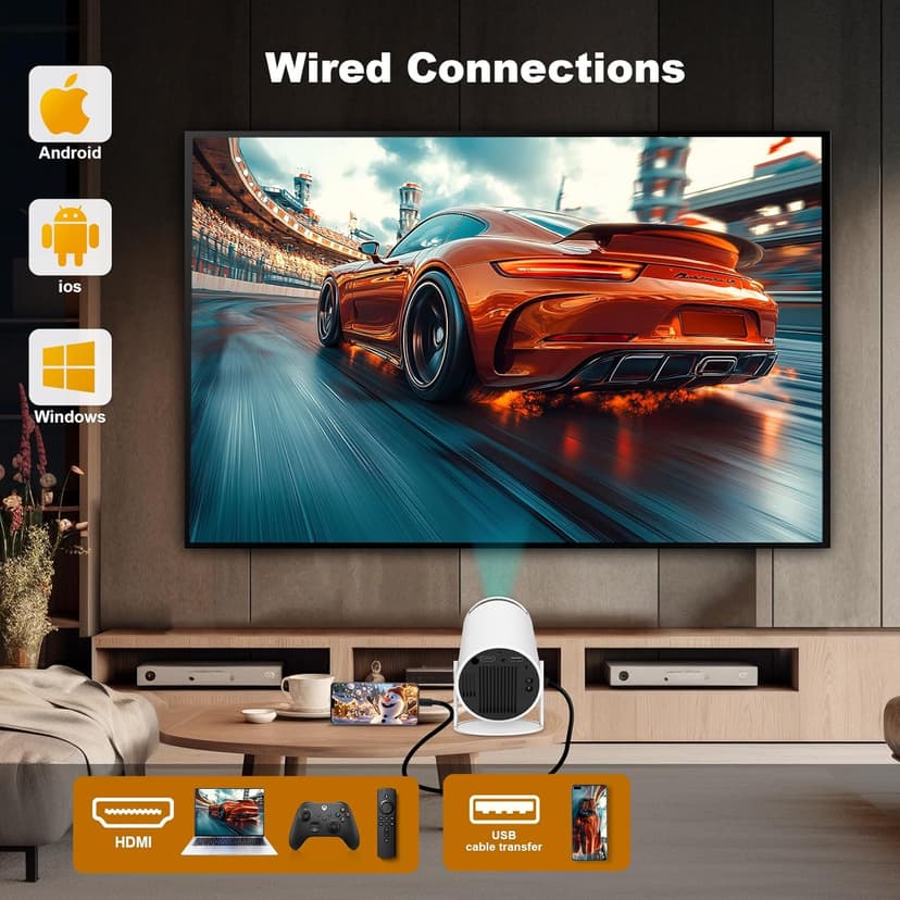 Mini Projector, HY300 PRO Portable Projector, Support 4K 1080P with Dual-Band WIFI6 5G Wireless 5.2 Bluetooth Android 13, 180° Rotatable, Auto Keystone Correction, 35"-130" Screen Video Projector
