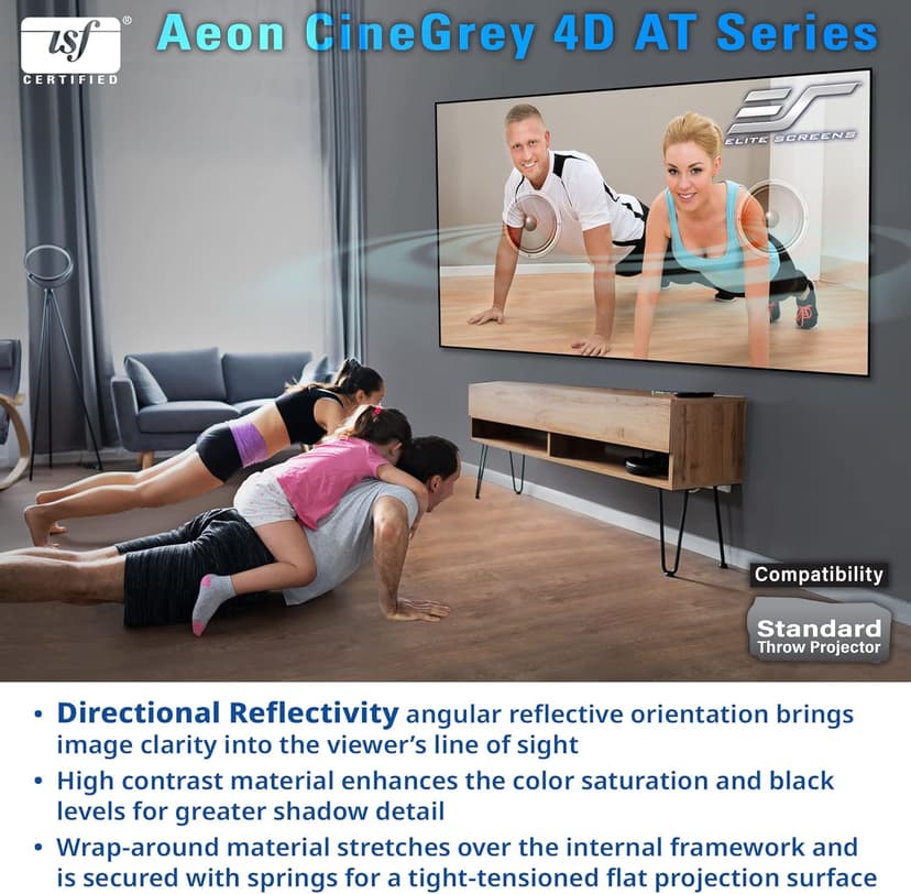 Elite Screens Aeon CineGrey 4D Acoustically Transparent, 150" Diag. 16:9, 4K/8K Ceiling Ambient Light Rejecting (CLR/ALR) Fixed Frame Edge Free Sound Transparent Projector Screen, AR150H-ATD4