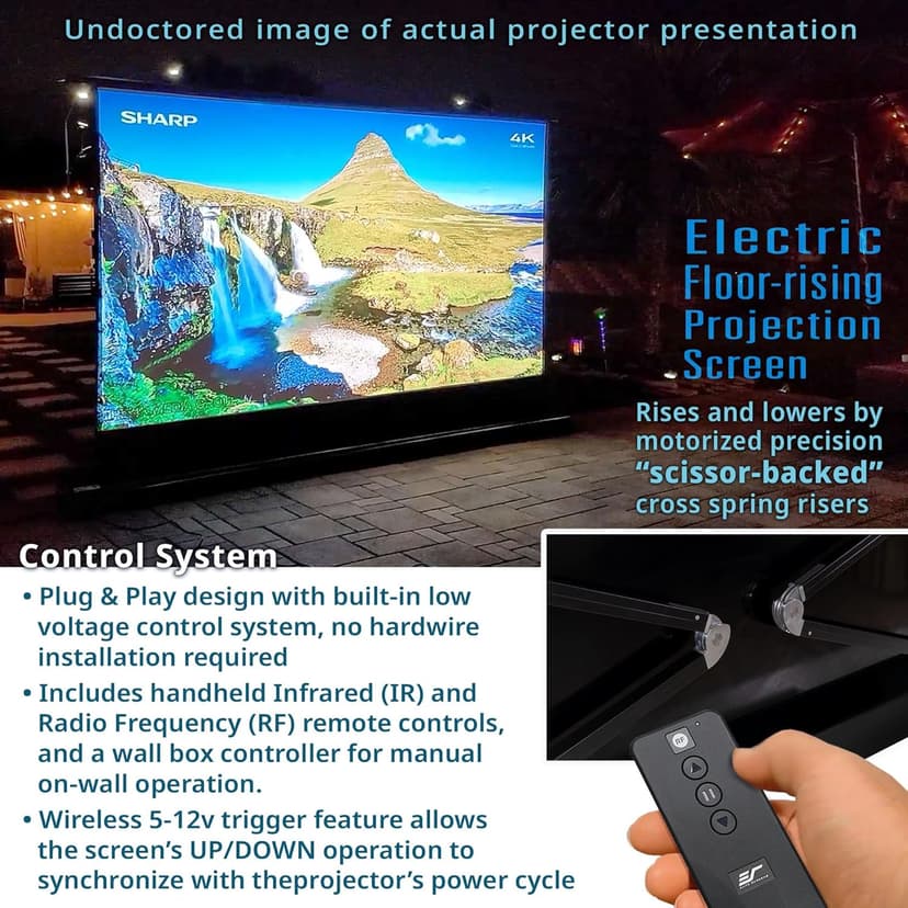 EliteProjector Screens Kestrel Tab-Tension 3 CineWhite, 122" Diag., 16:9 Aspect Ratio, ISF Certified 4K/8K Ultra HD Electric Floor-Rising Motorized Tab-Tensioned Front Projector Screen, FTE122H3