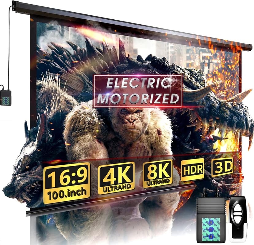 Aoxun 100" Motorized Projector Screen - Indoor and Outdoor Movies Screen 100 inch Electric 16:9 Projector Screen W/Remote Control