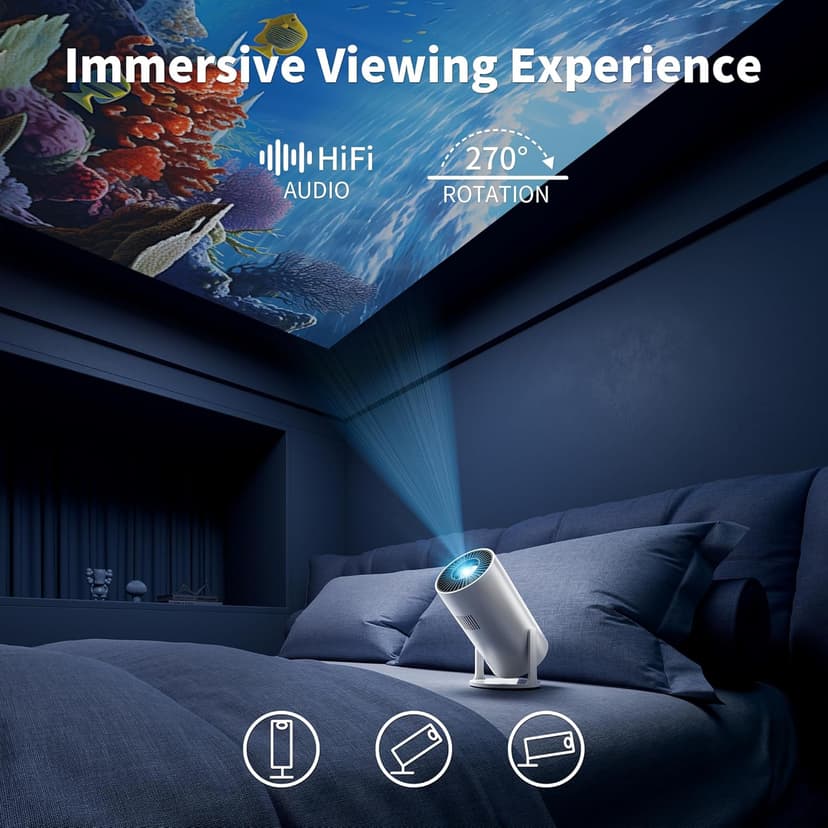 Mini Projector, 270° Rotation, Portable Projector 4K Support, Full HD 1080P Outdoor Movie Projector, Wired Screen Synchronize Max 200" Display, Compatible with Smartphone/TV Stick/Laptop/PS5/HDMI/USB