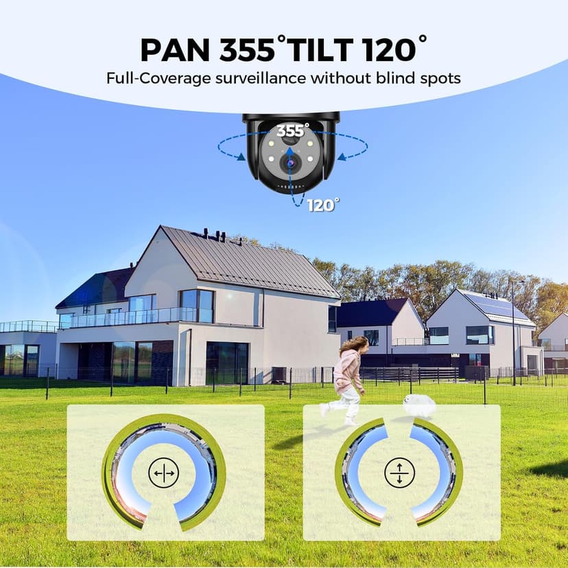 Solar Security Cameras Wireless Outdoor, 2K 360° View Cameras for Home Security, Color Night Vision, AI & PIR Motion Detection, 2-Way Audio, Spotlight Siren Alarm, IP65, SD/Cloud Storage