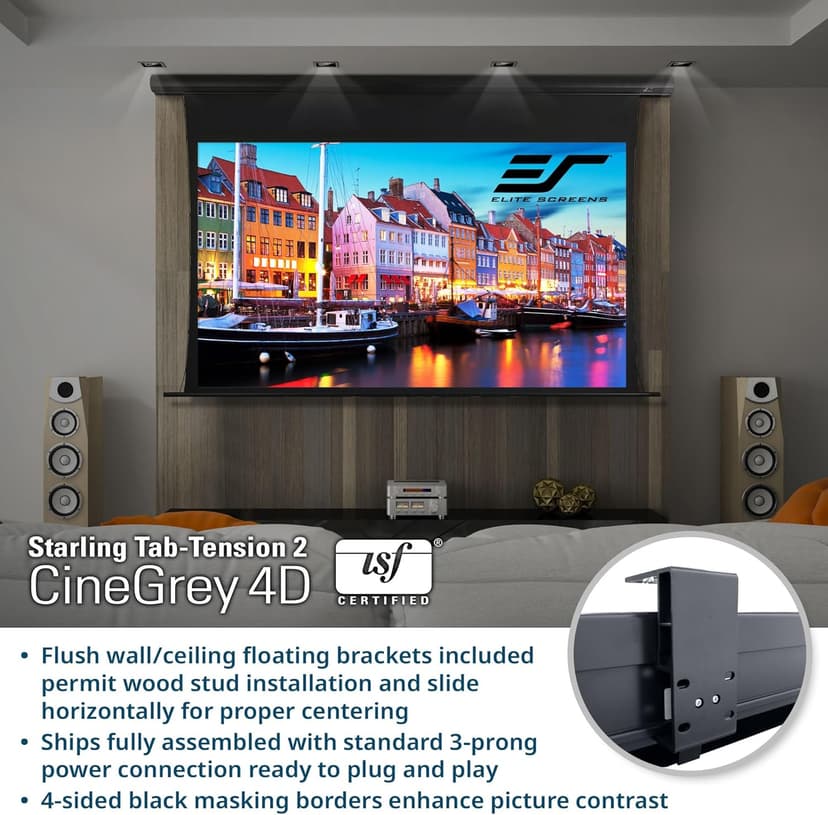 Elite Screens Starling Tab-Tension 2 CineGrey 4D, 106" 16:9, Ceiling, Ambient Light Rejecting (CLR/ALR) Tab-Tensioned Electric Drop Down Front Projector Screen Programmed Remote Kit, STT106UHD4-E12