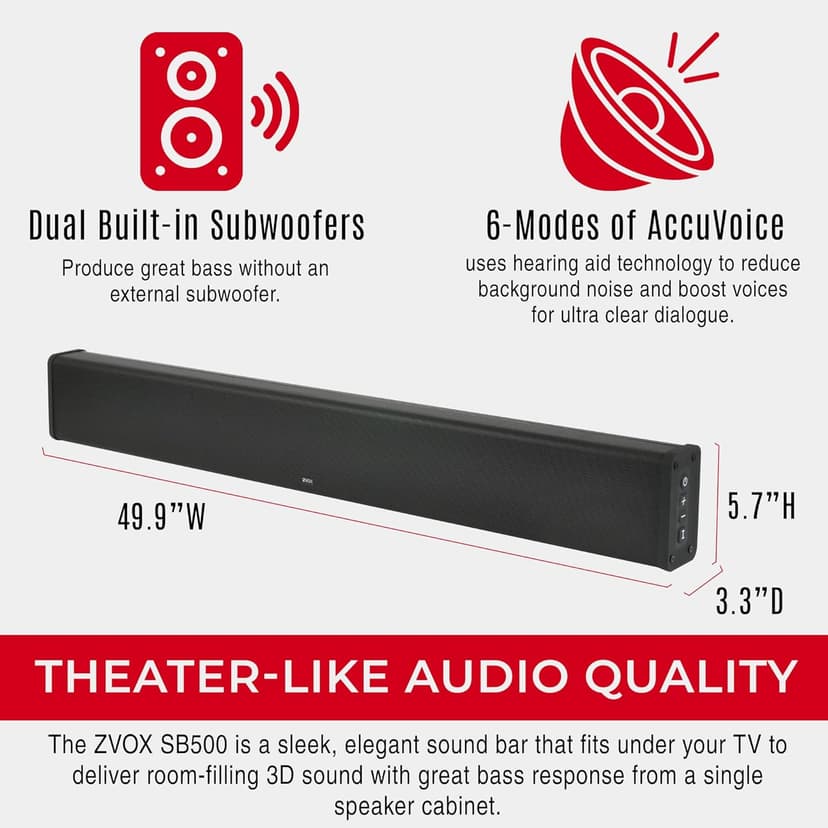ZVOX SB500 Soundbar for TV, Home Speaker Bar Works with 50" to 90" TVs, Soundbar with Subwoofer Built-in, 6 Modes AccuVoice Dialogue Boost, Multi-Zone Audio and Hearing Technology