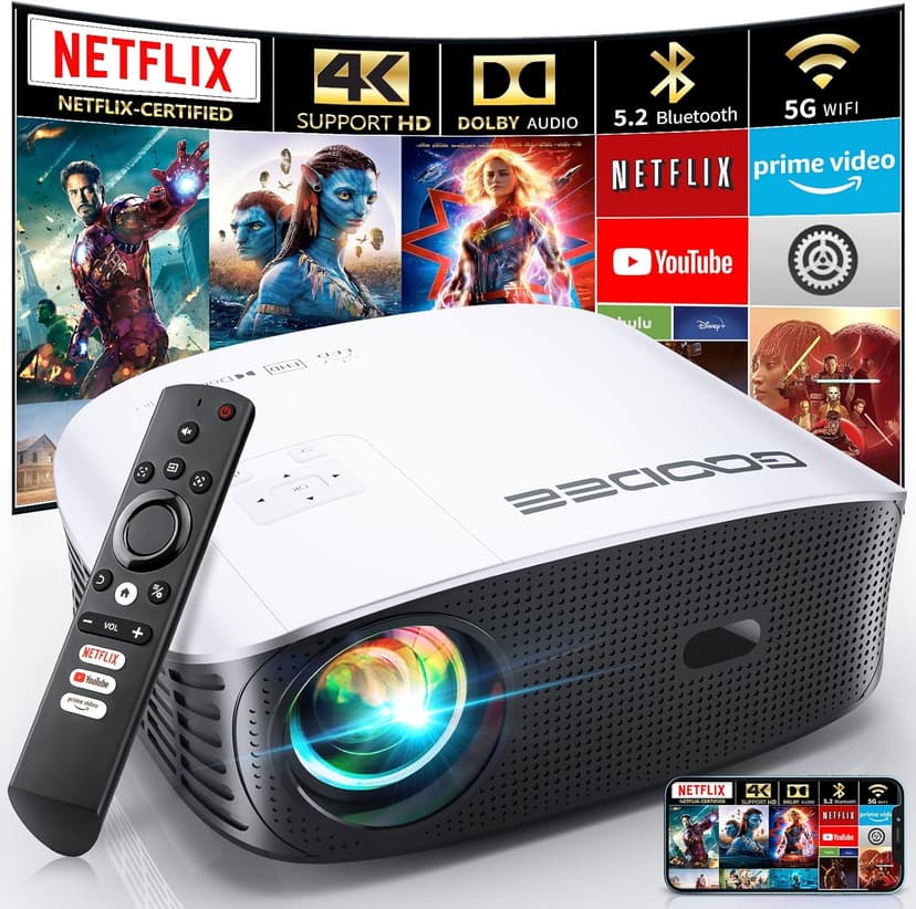GooDee Smart 4K Projector with 5G WIFI and Bluetooth, Netflix/Amazn Prime Video Certified, Dolby Audio, 800ANSI Outdoor Projector, 400" Zoom Home Theater Projector Compatible with TV Stick,iOS,Android