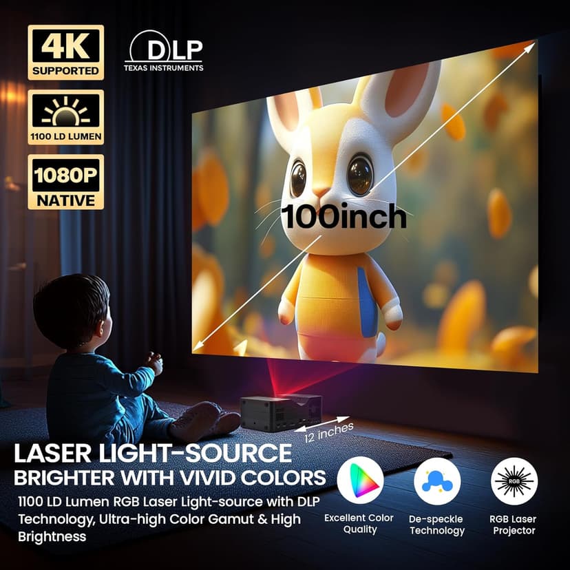 AAXA M8 UST Ultra Short Throw 4K Laser Projector 1100 LD Lumens, BT 5.4, WiFi 6, USBC Mirroring, 2xHDMI, Optical Audio, Efocus, Auto Keystone, Smart Technology