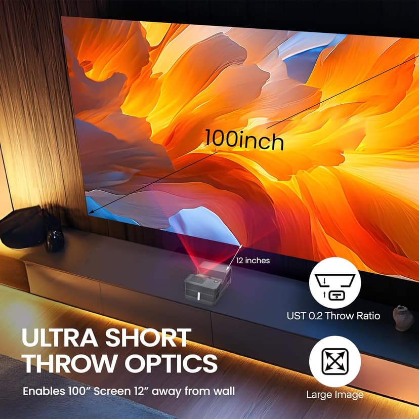 AAXA M8 UST Ultra Short Throw 4K Laser Projector 1100 LD Lumens, BT 5.4, WiFi 6, USBC Mirroring, 2xHDMI, Optical Audio, Efocus, Auto Keystone, Smart Technology