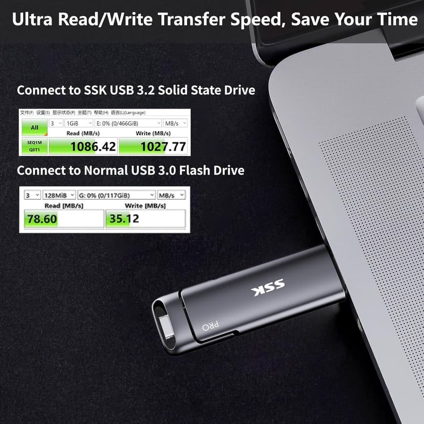 SSK 1TB USB-C Thumb Drive - Up to 1000MB/s, Dual Type-C/USB-A Flash Drive (3.2 Gen 2), Compatible with iPhone 15/PS4/Windows/Mac
